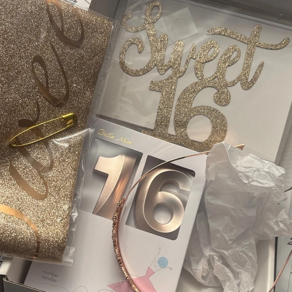 Rose Gold Sweet 16 Set Tiara Sash Candles Cale Topper